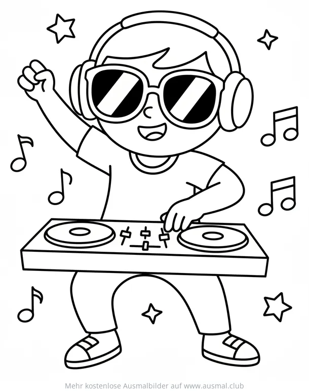 DJ Ausmalbild mit Kopfhörern und Sonnenbrille am DJ-Pult