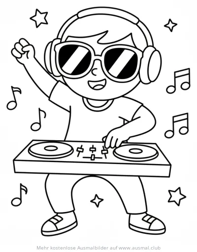 DJ Ausmalbild mit Kopfhörern und Sonnenbrille am DJ-Pult