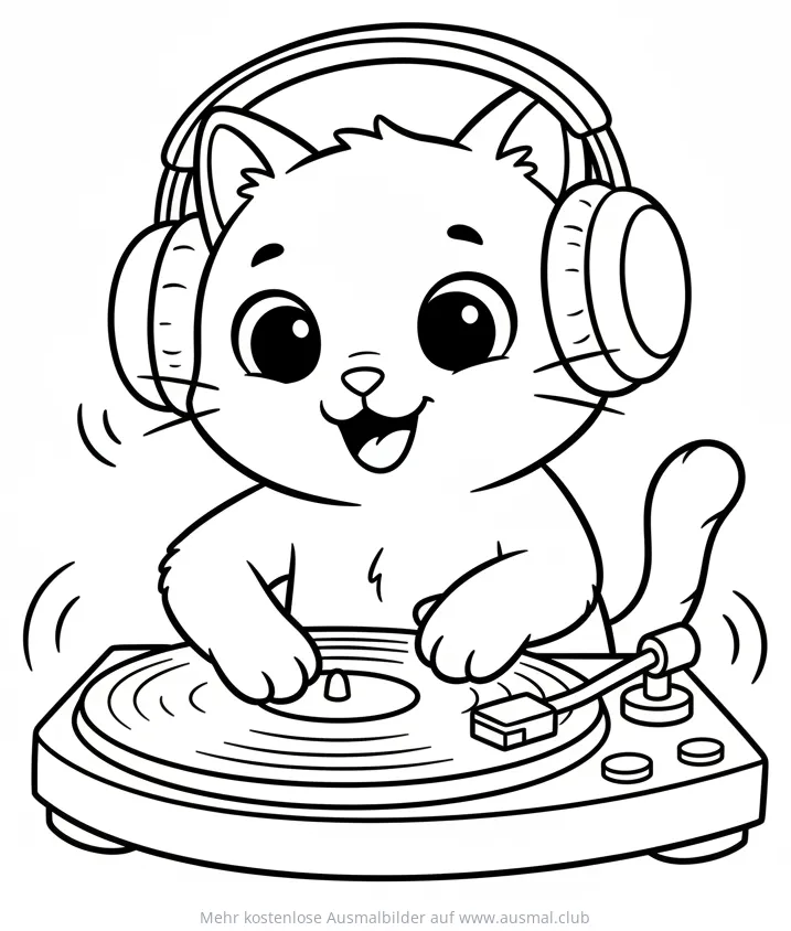 Katze als DJ mit Kopfhörern am Plattenspieler Ausmalbild
