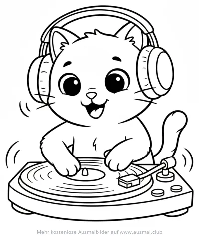 Katze als DJ mit Kopfhörern am Plattenspieler Ausmalbild