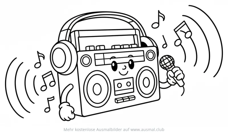 Lustige Boombox mit Kopfhörern und Mikrofon Ausmalbild
