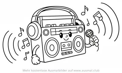 Lustige Boombox mit Kopfhörern und Mikrofon Ausmalbild