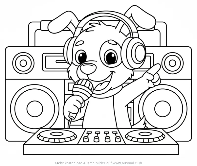 Hund als DJ mit Kopfhörern, Mikrofon und Mischpult Ausmalbild