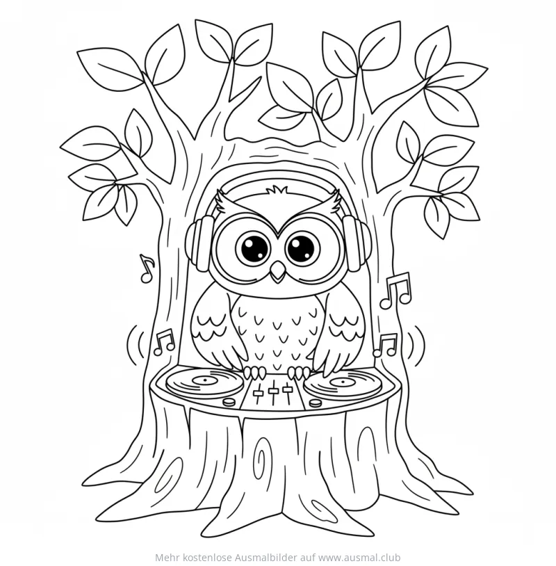 Eule als DJ mit Kopfhörern am Mischpult Ausmalbild