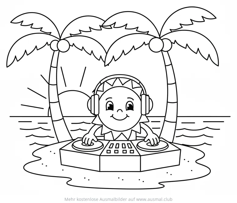 Sonnenförmiger DJ mit Kopfhörern am Strand Ausmalbild