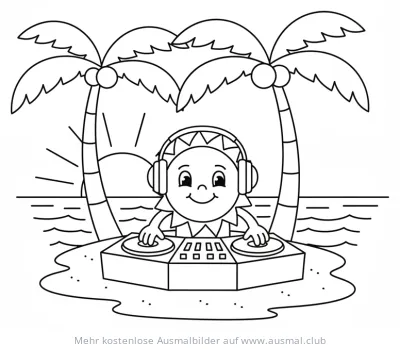 Sonnenförmiger DJ mit Kopfhörern am Strand Ausmalbild