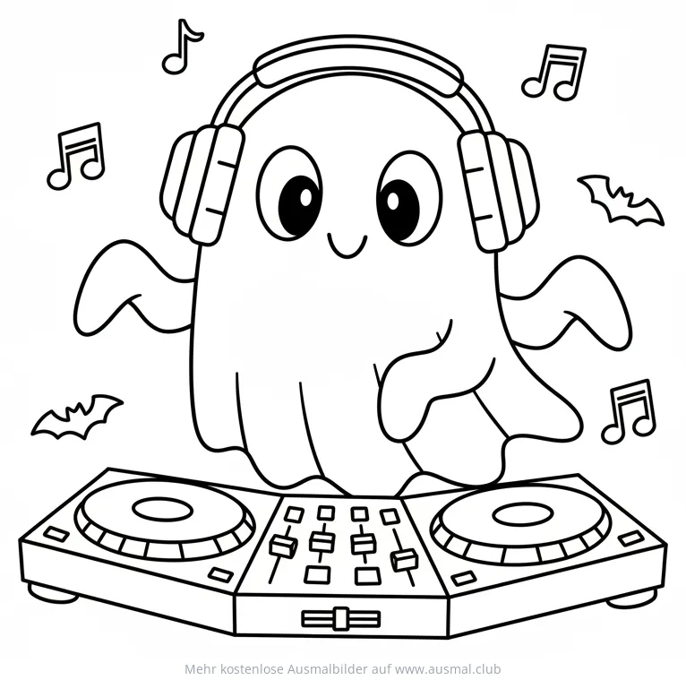 Geist DJ mit Kopfhörern am DJ-Pult Ausmalbild