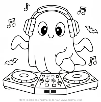 Geist DJ mit Kopfhörern am DJ-Pult Ausmalbild