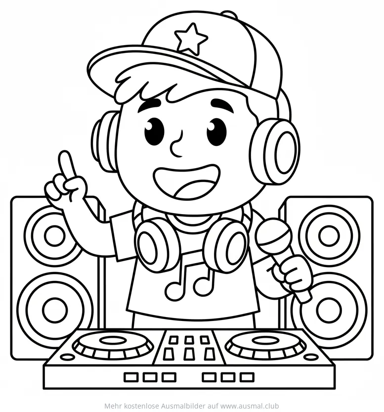 DJ Junge mit Kopfhörer, Mikrofon und Mischpult Ausmalbild