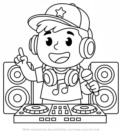 DJ Junge mit Kopfhörer, Mikrofon und Mischpult Ausmalbild