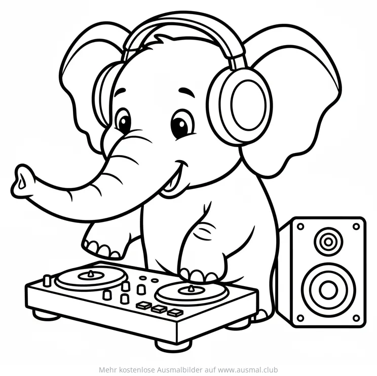 Elefant als DJ mit Kopfhörern am Plattenspieler Ausmalbild