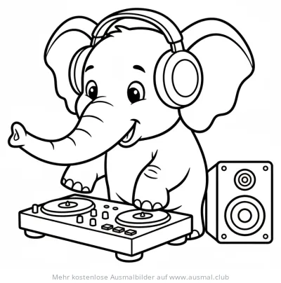 Elefant als DJ mit Kopfhörern am Plattenspieler Ausmalbild