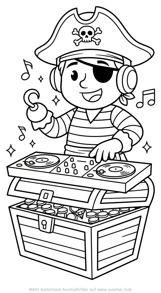 DJ Pirat mit Augenklappe und Turntables auf Schatztruhe Ausmalbild