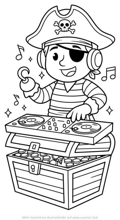 DJ Pirat mit Augenklappe und Turntables auf Schatztruhe Ausmalbild