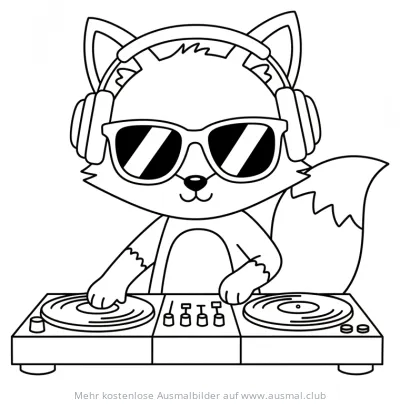 Fuchs mit Kopfhörern als DJ am Plattenspieler Ausmalbild