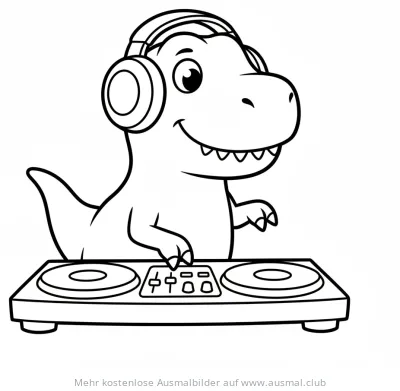 Dino als DJ mit Kopfhörern am Mischpult Ausmalbild