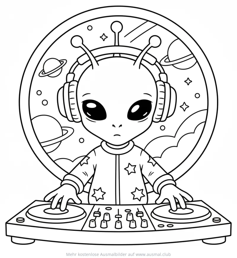Alien DJ mit Kopfhörern am Mischpult Ausmalbild