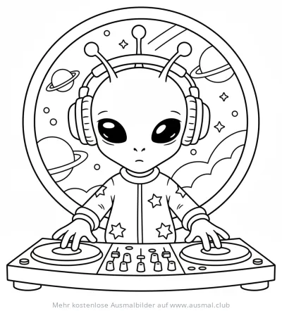 Alien DJ mit Kopfhörern am Mischpult Ausmalbild
