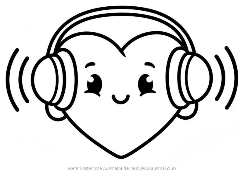 Herz mit Kopfhörer Comic Ausmalbild