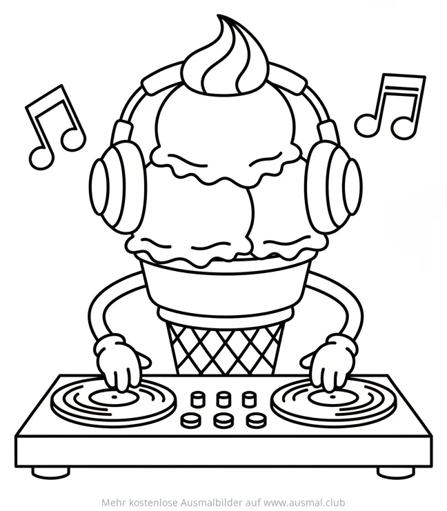 Eis mit Kopfhörern als DJ am Turntable Ausmalbild