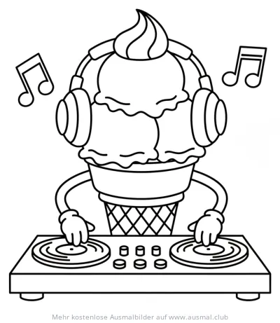 Eis mit Kopfhörern als DJ am Turntable Ausmalbild