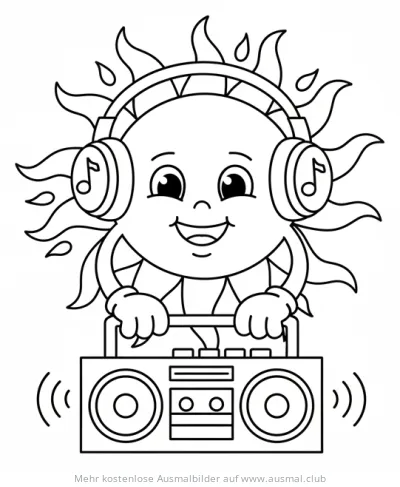 Sonne mit Kopfhörer und Ghettoblaster Ausmalbild