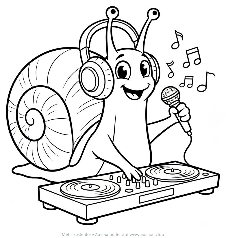 Schnecke als DJ mit Kopfhörern, Mikrofon und Plattenspieler Ausmalbild
