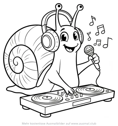 Schnecke als DJ mit Kopfhörern, Mikrofon und Plattenspieler Ausmalbild