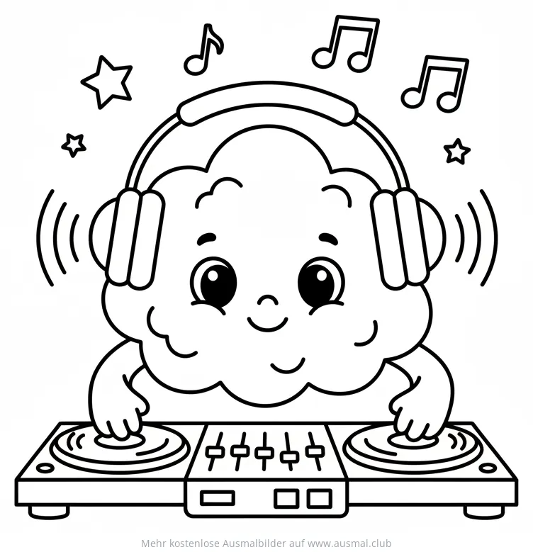 DJ Wolke mit Kopfhörern am Turntable Ausmalbild