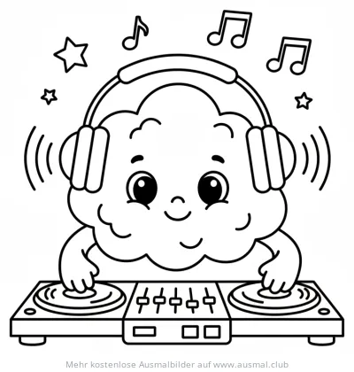 DJ Wolke mit Kopfhörern am Turntable Ausmalbild