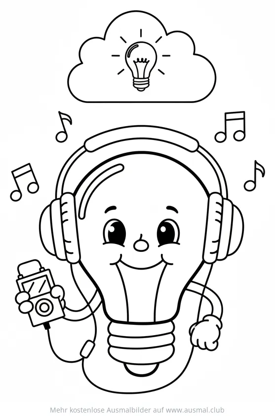 Glühbirne mit Kopfhörern und MP3-Player Ausmalbild