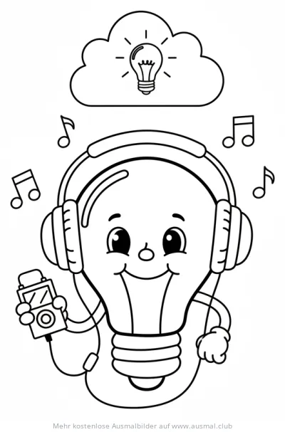 Glühbirne mit Kopfhörern und MP3-Player Ausmalbild