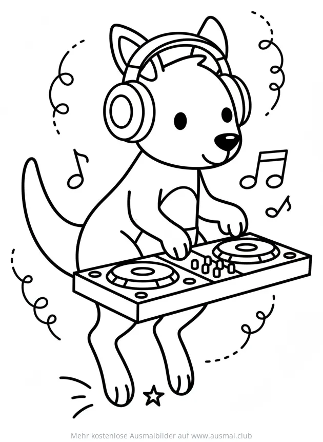 Känguru mit Kopfhörern als DJ am Mischpult Ausmalbild