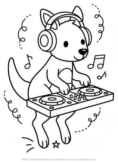 Känguru mit Kopfhörern als DJ am Mischpult Ausmalbild