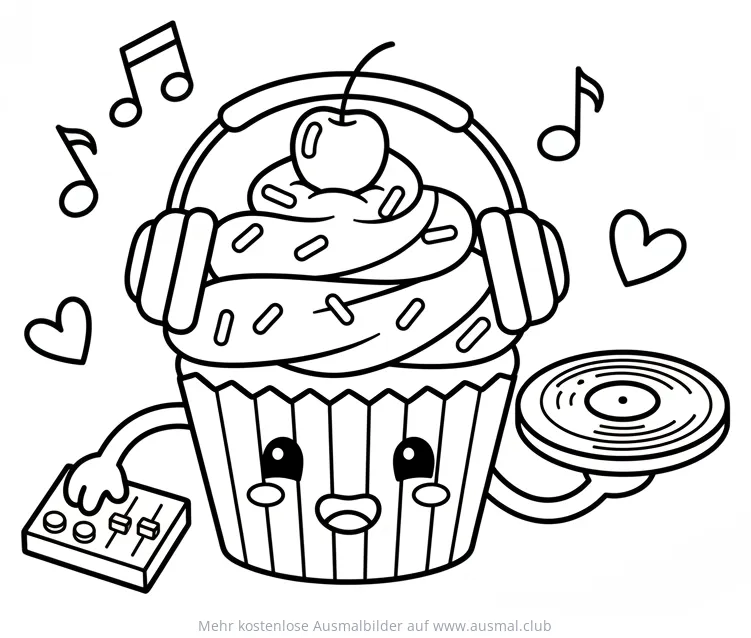 Cupcake als DJ mit Kopfhörer und Mischpult Ausmalbild