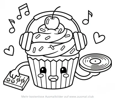 Cupcake als DJ mit Kopfhörer und Mischpult Ausmalbild