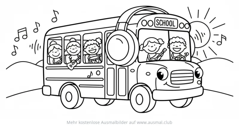 Schulbus mit Kopfhörern und spielenden Kindern Ausmalbild