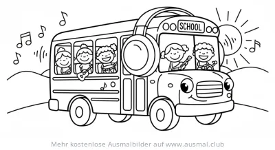 Schulbus mit Kopfhörern und spielenden Kindern Ausmalbild