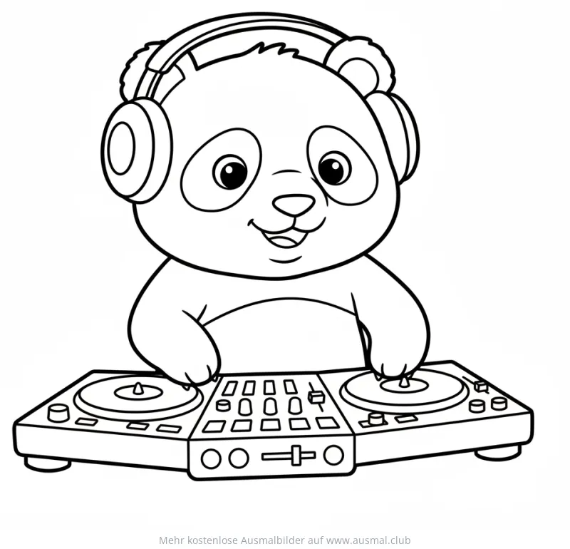 DJ Panda mit Kopfhörern am Mischpult Ausmalbild