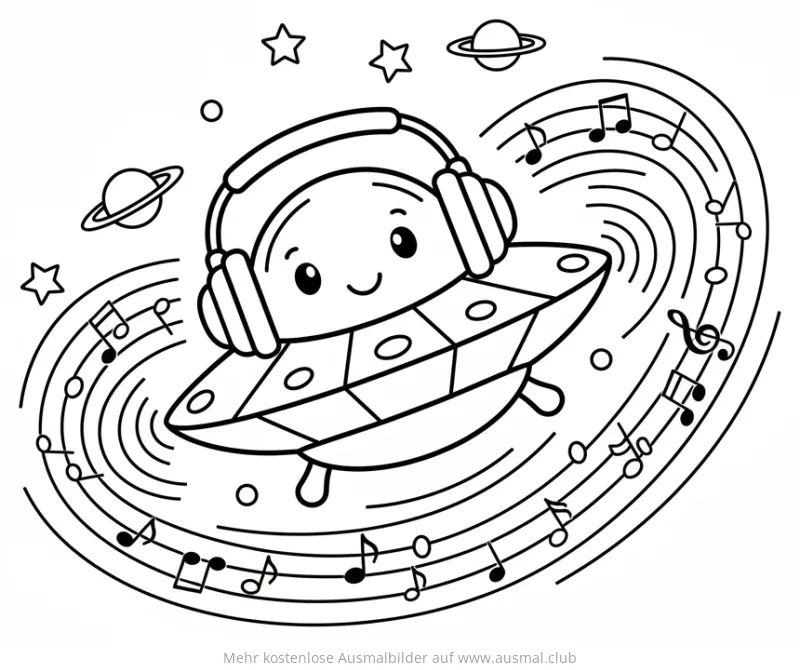 UFO mit Kopfhörern Ausmalbild im Weltraum