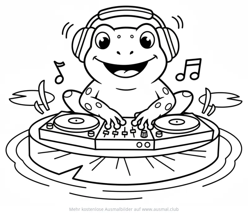 DJ Frosch mit Kopfhörern am Mischpult Ausmalbild