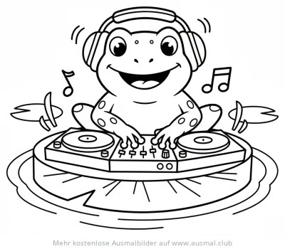 DJ Frosch mit Kopfhörern am Mischpult Ausmalbild