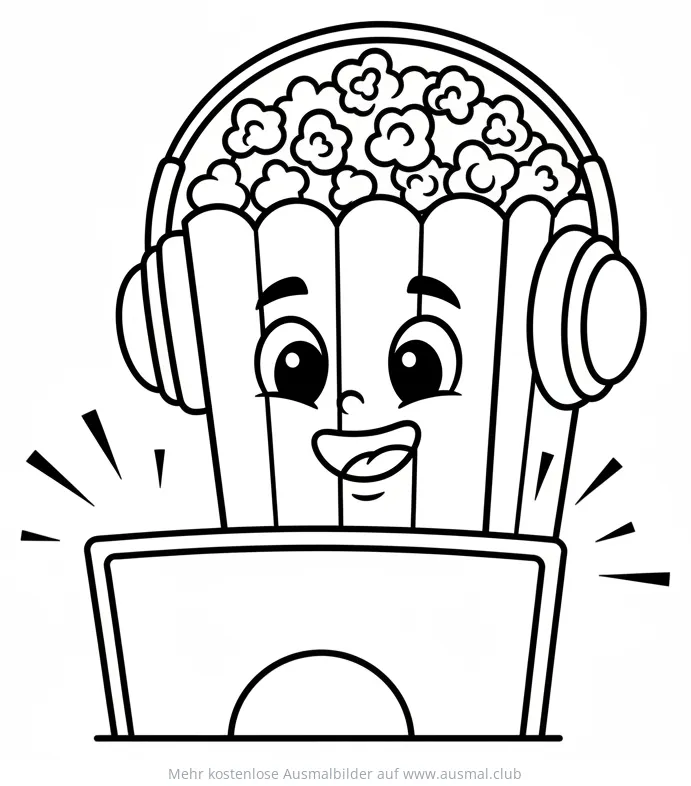 Lustiges Popcorn als DJ mit Kopfhörern Ausmalbild