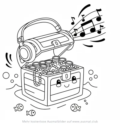 Schatztruhe mit Gesicht, gefüllt mit Gold und Perlen, trägt Kopfhörer Ausmalbild