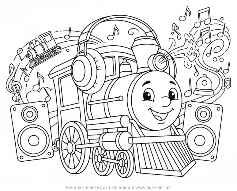 Zug mit Kopfhörern und Lautsprechern Ausmalbild