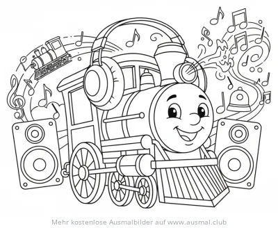 Zug mit Kopfhörern und Lautsprechern Ausmalbild