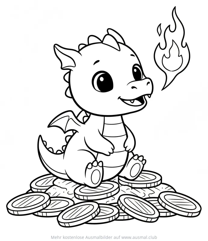 Babydrache sitzt auf Goldmünzen Ausmalbild