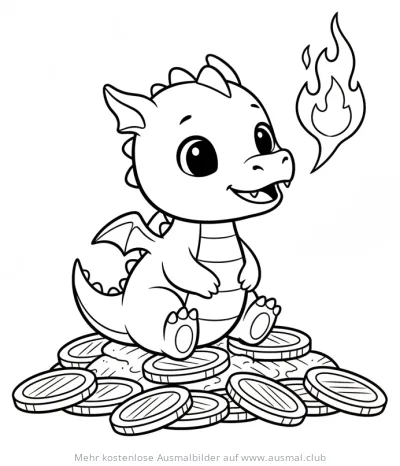 Babydrache sitzt auf Goldmünzen Ausmalbild