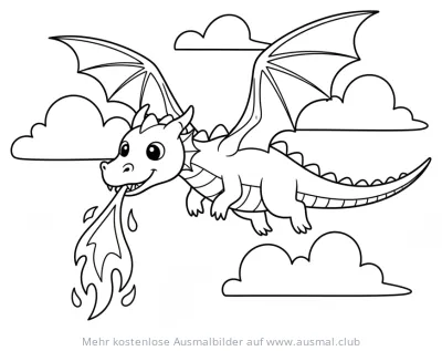 Fliegender Drache speit Feuer Ausmalbild