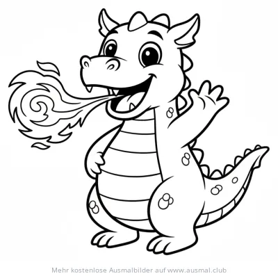 Freundlicher Drache speit Feuer Ausmalbild
